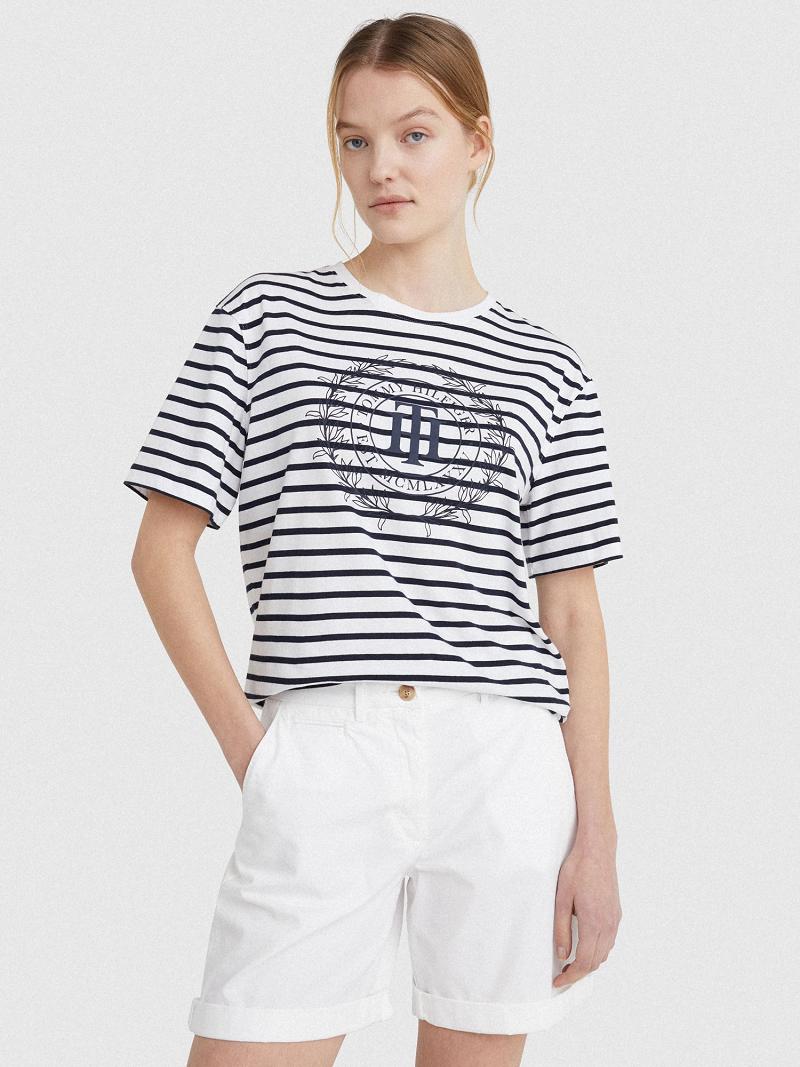 Női Tommy Hilfiger Stripe TH Crest Logo Póló Fehér | HU 477RVD